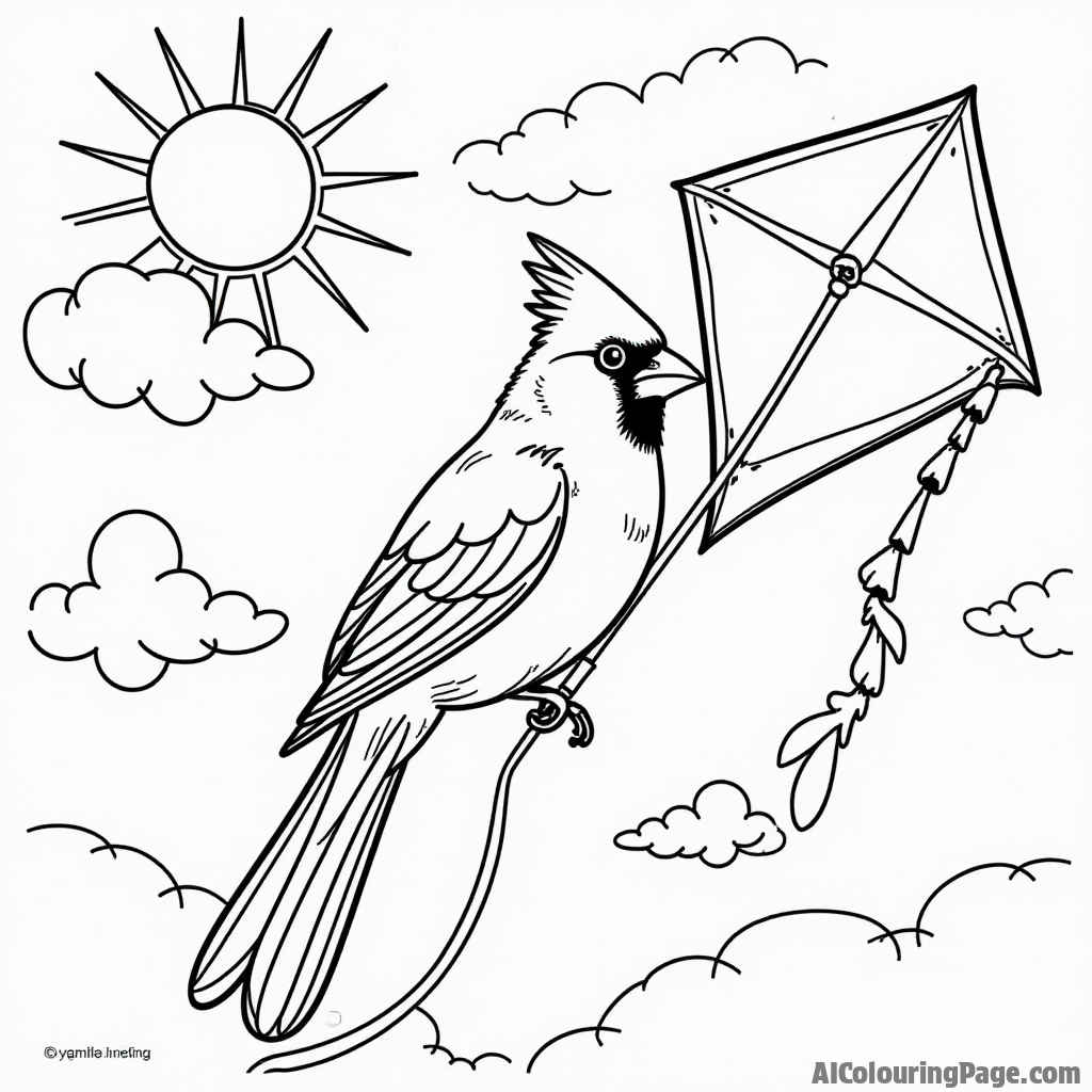 A cardinal perched on a colorful kite flying high, with clouds and a sun shining brightly for imaginative coloring adventures.