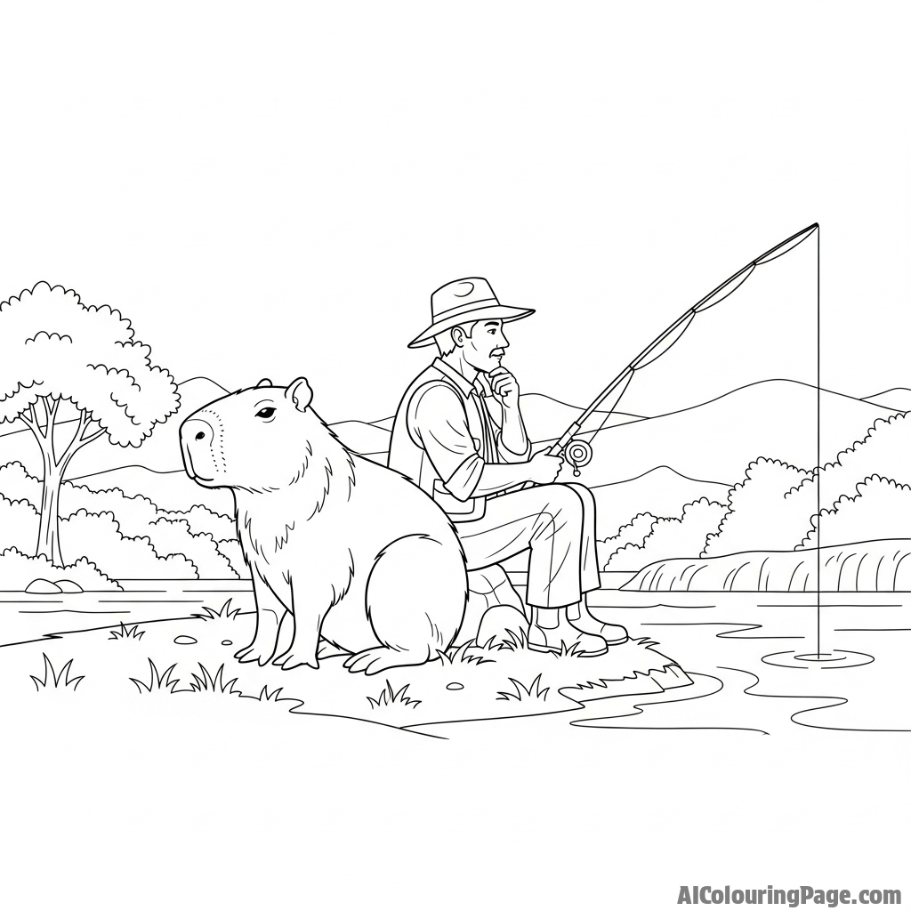 A capybara sitting patiently beside a fisherman on a riverbank.