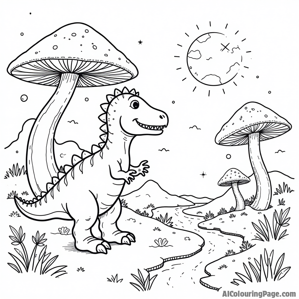 A cute dinosaur exploring a planet with three giant mushrooms and a sparkling river flowing through the landscape.