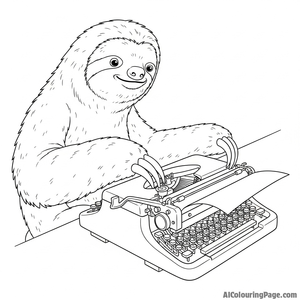 A sloth trying to use a vintage typewriter, pressing one key at a time.