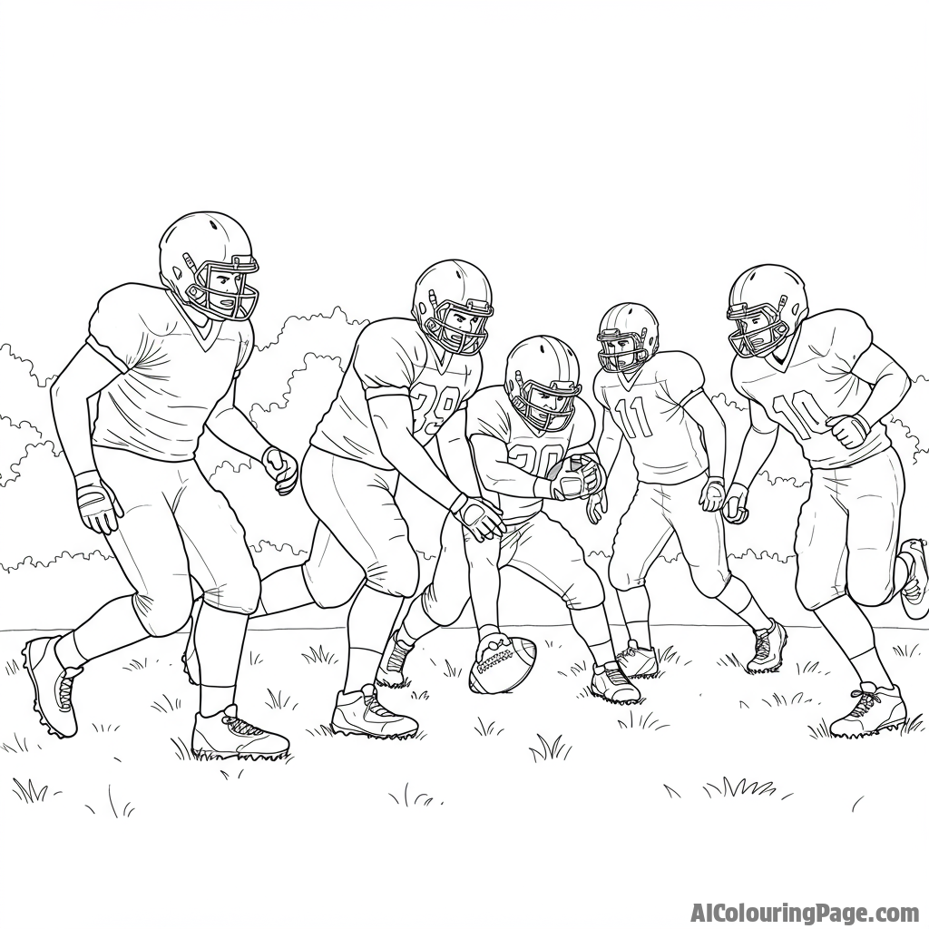 A football team practicing hard on a grassy field, with determined faces.