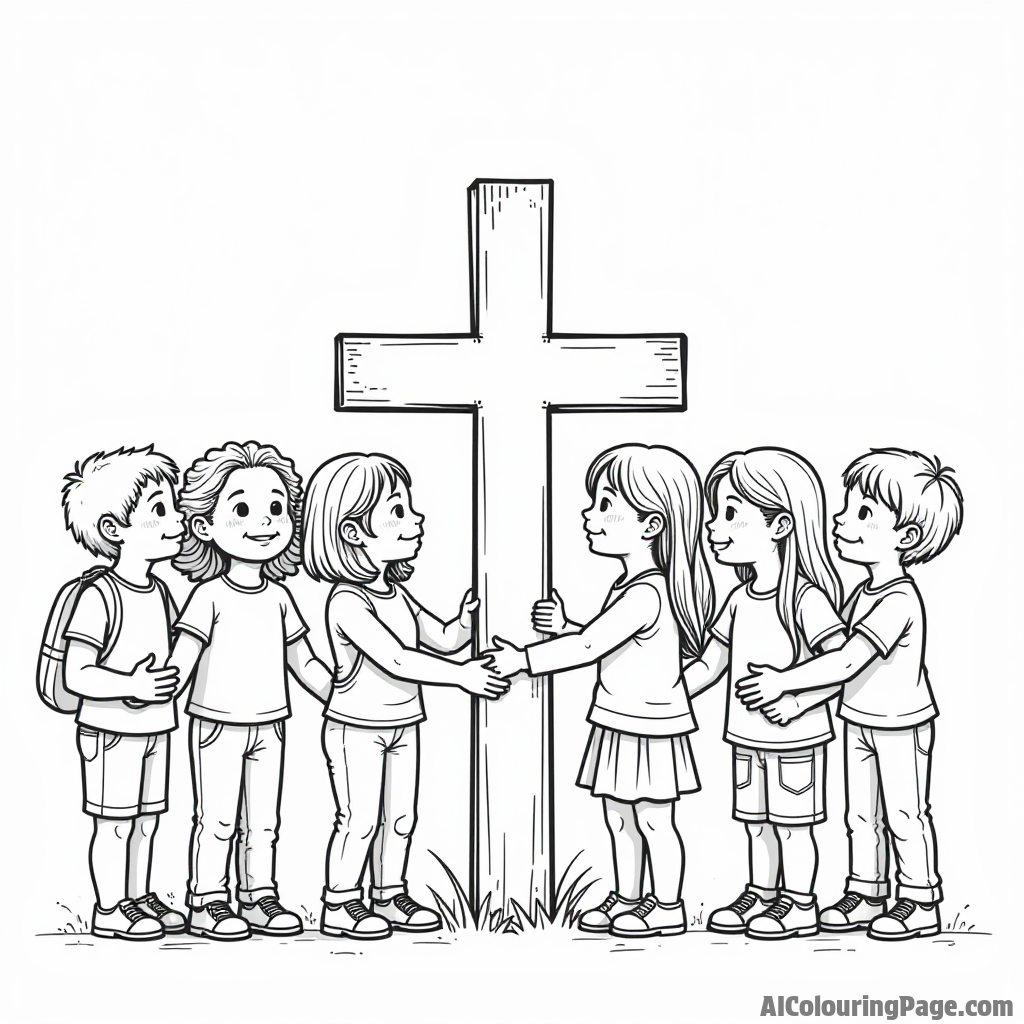 A gathering of diverse children holding hands around a cross, representing unity and love in a colorful world for kids to enjoy.