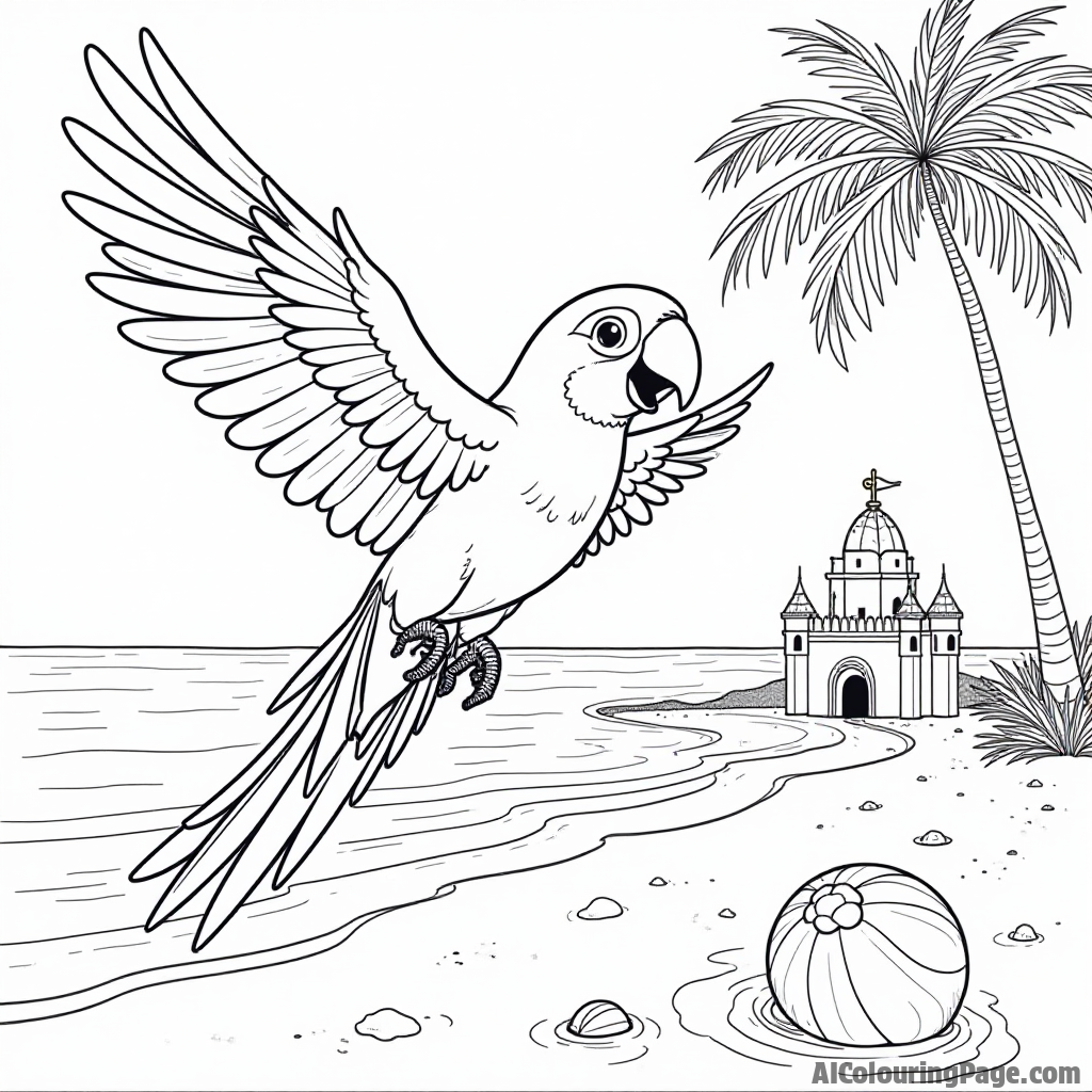 A cheerful parrot flying above a vibrant beach scene with a sandcastle and a beach ball in the background