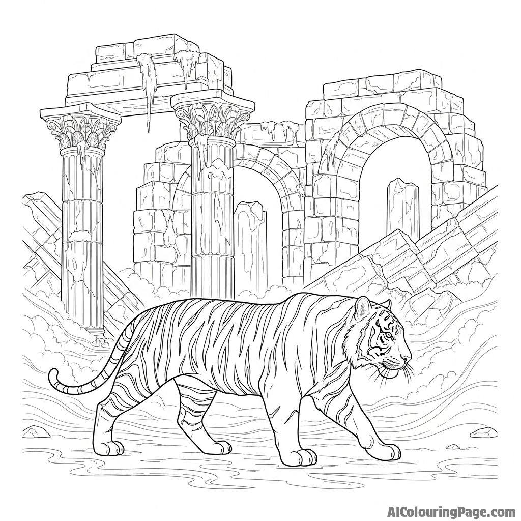 A solitary tiger walking through a misty, ancient temple ruin.