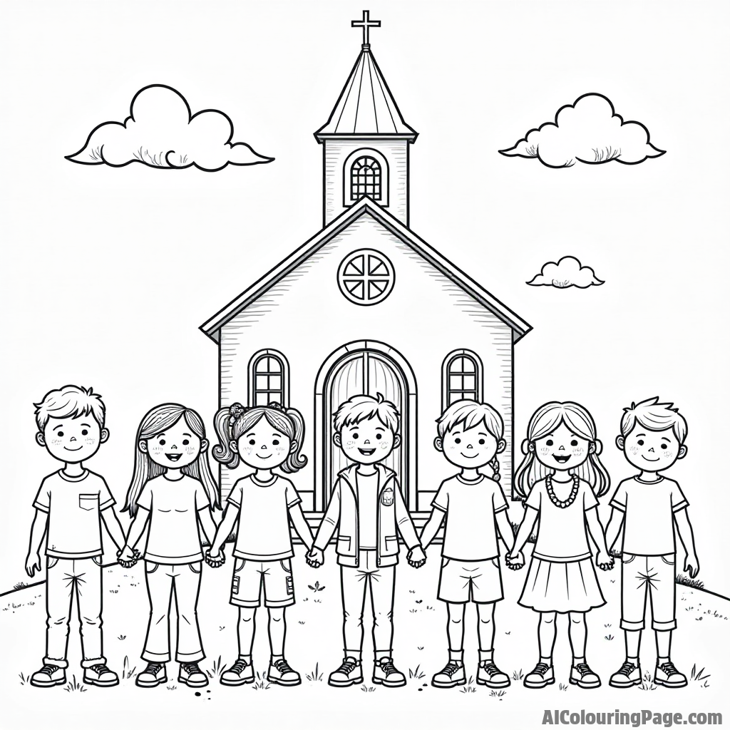 A group of diverse children holding hands in front of a church, with smiles and a sunny day brightening the scene.