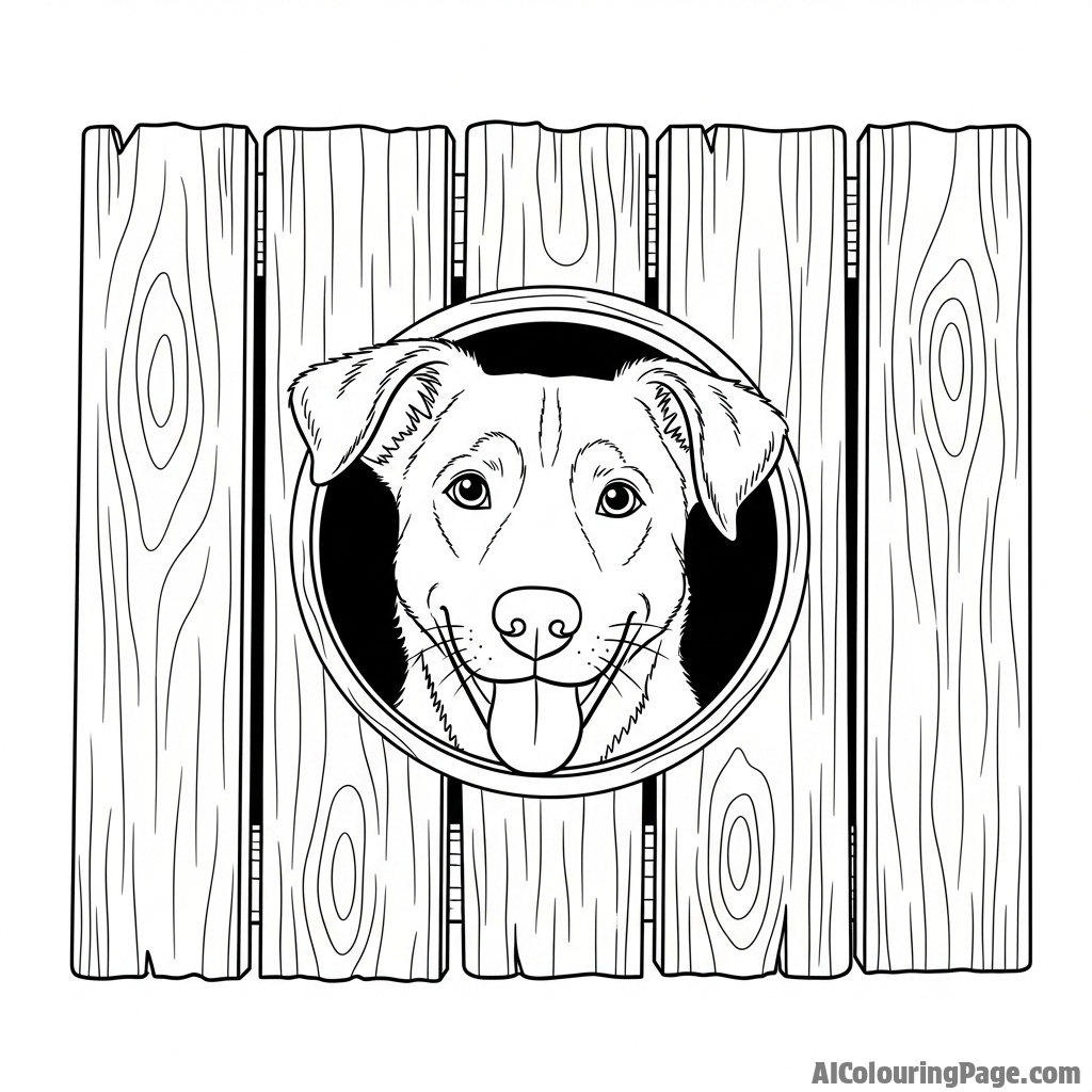 A dog peeking its head through a hole in a wooden fence.