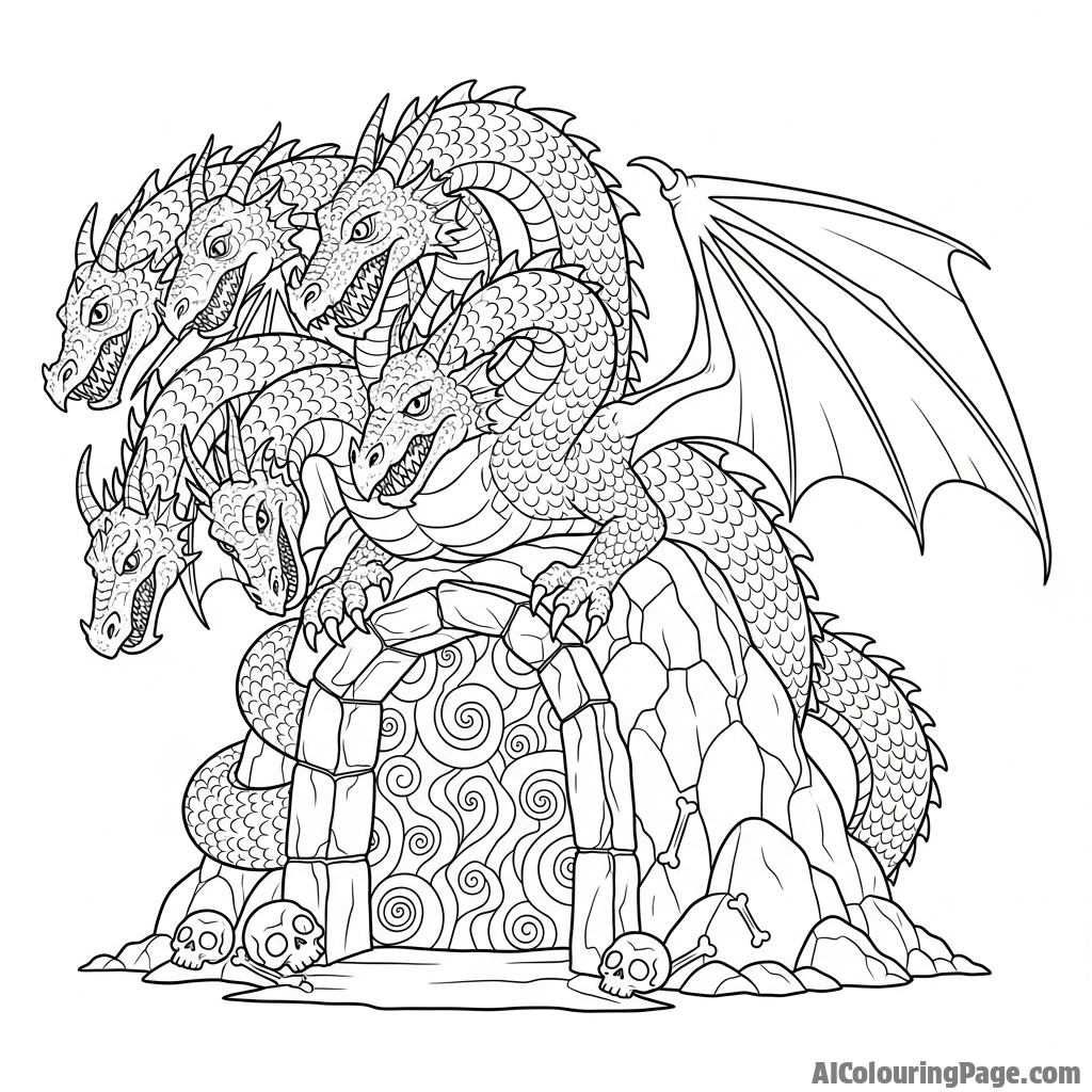 A multi-headed dragon guarding the entrance to a mythical underworld.