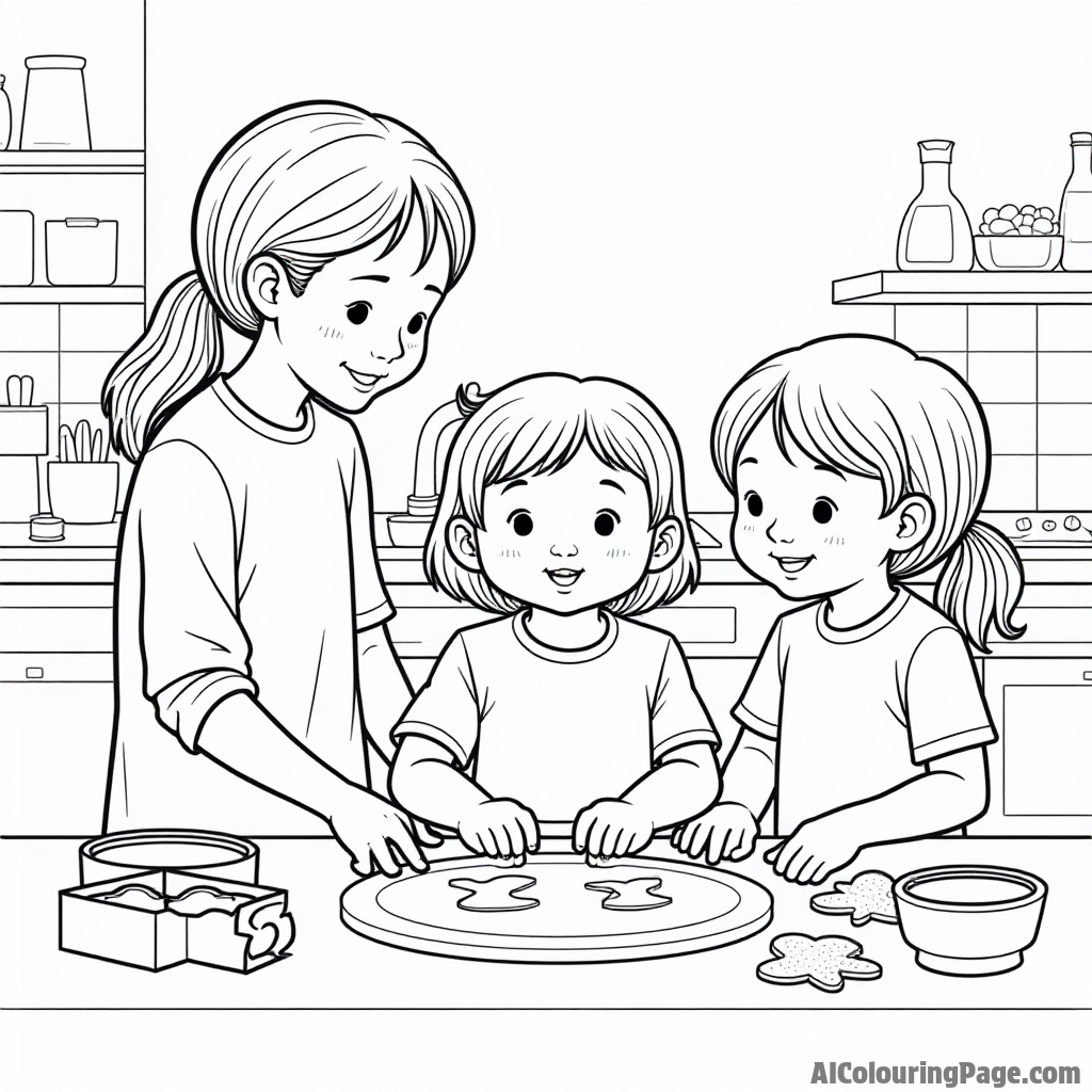 A cozy family kitchen scene where children are rolling dough and cutting cookie shapes with fun cookie cutters.