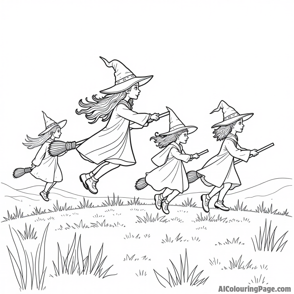 A group of young witches and wizards practicing flying on broomsticks in a sunny, open field.