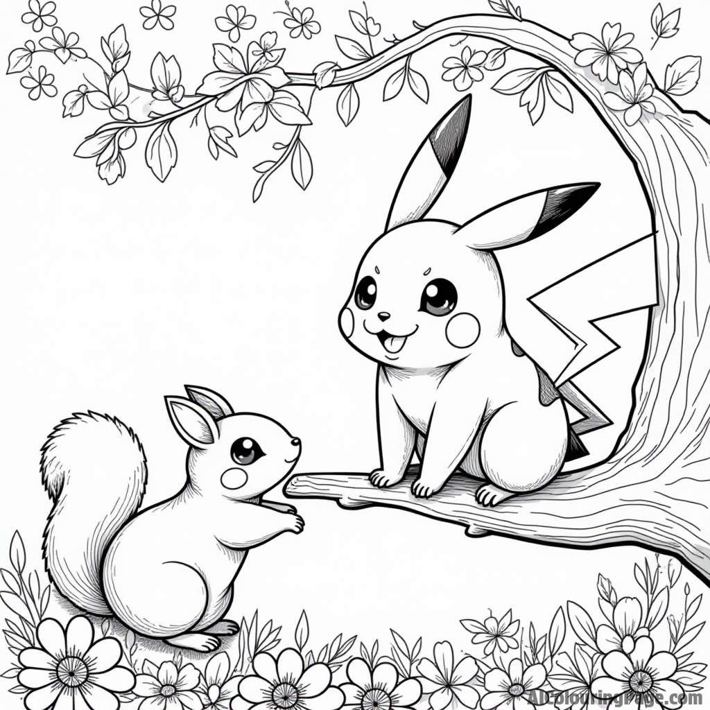 Pikachu sitting on a tree branch with a curious squirrel peeking at it and flowers blooming below