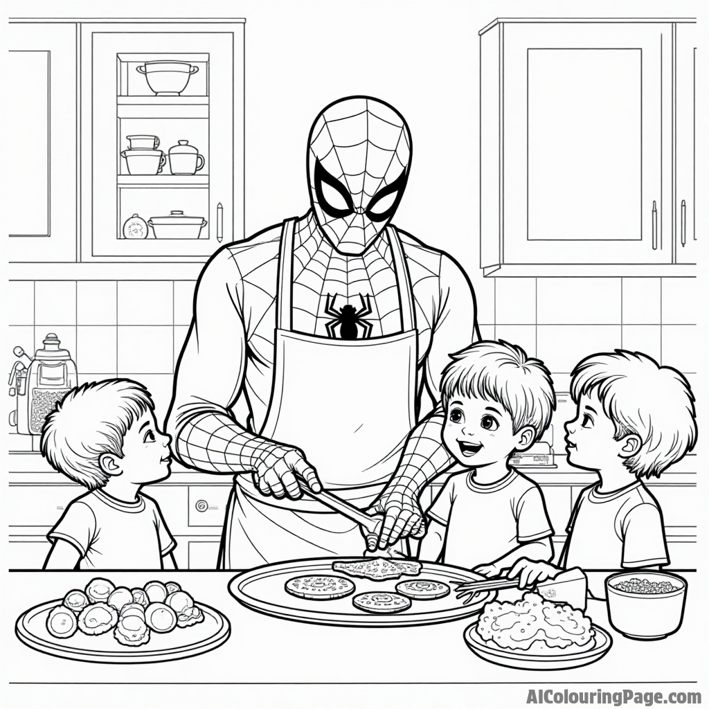 Spiderman cooking with children in a kitchen, colorful ingredients around, everyone smiling while making cookies together