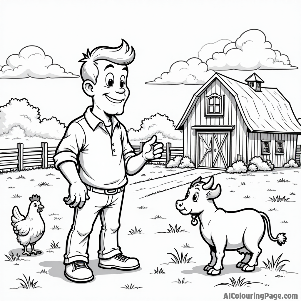 Johnny Bravo visiting a farm with cows, chickens, and a big red barn