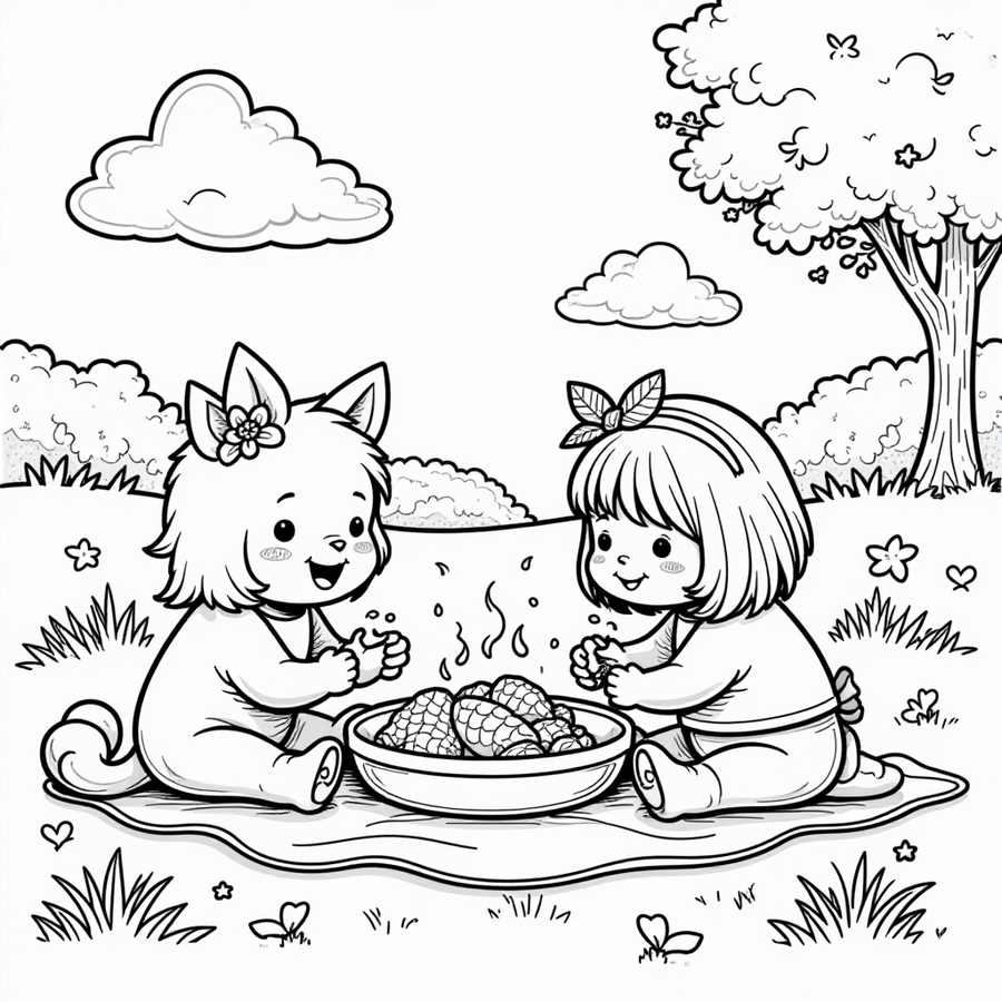 Rainbow Friends having a picnic in a meadow