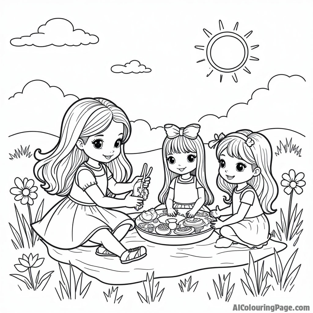 A doll and her friends having a picnic in a sunny meadow, with a blanket, food, and flowers, inviting kids to color a cheerful scene.