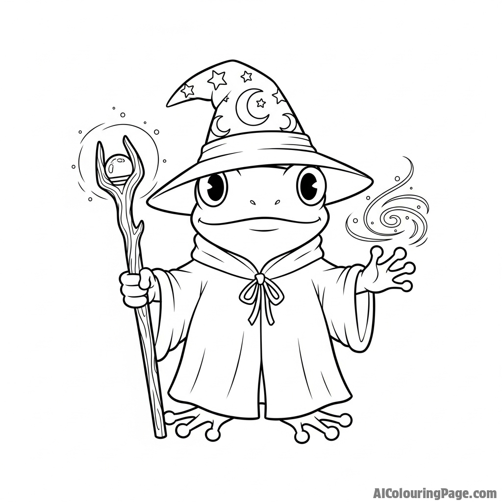 A frog wizard casting a spell with a glowing staff made of a twig.