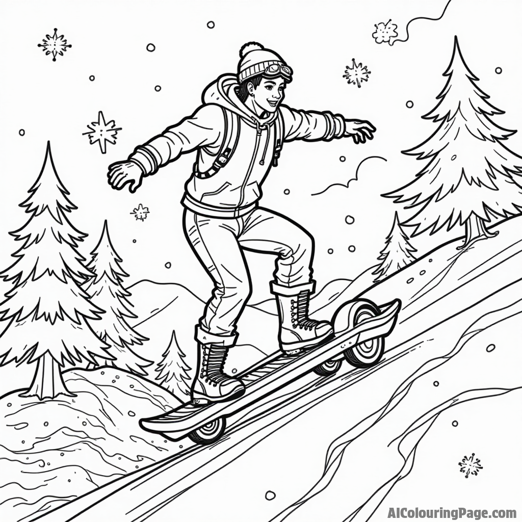 A Fortnite character surfing down a mountain on a hoverboard with snowflakes and pine trees surrounding them for kids to color