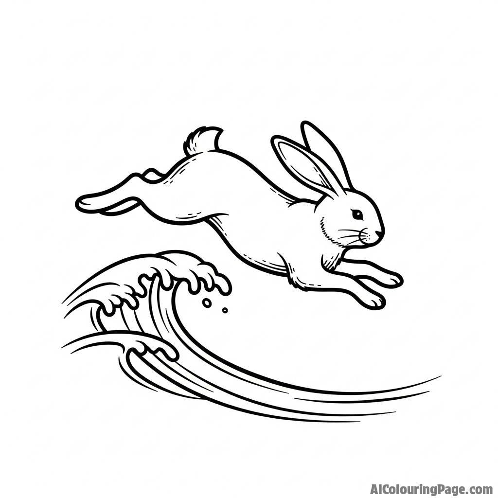 A woodblock print of a bunny leaping over a stylized wave.