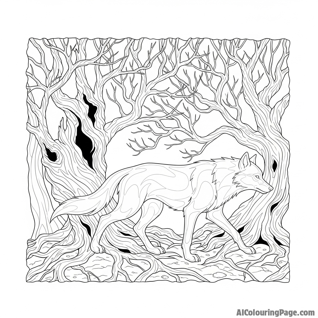 A spectral, translucent wolf spirit weaving between ancient, gnarled trees.