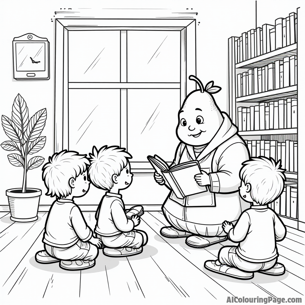 A pear librarian reading to a group of children inside a cozy library, surrounded by books and a warm atmosphere for coloring.