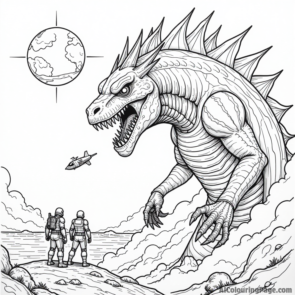 A giant space monster looming over a small planet, with brave heroes planning a daring rescue mission from their ship.