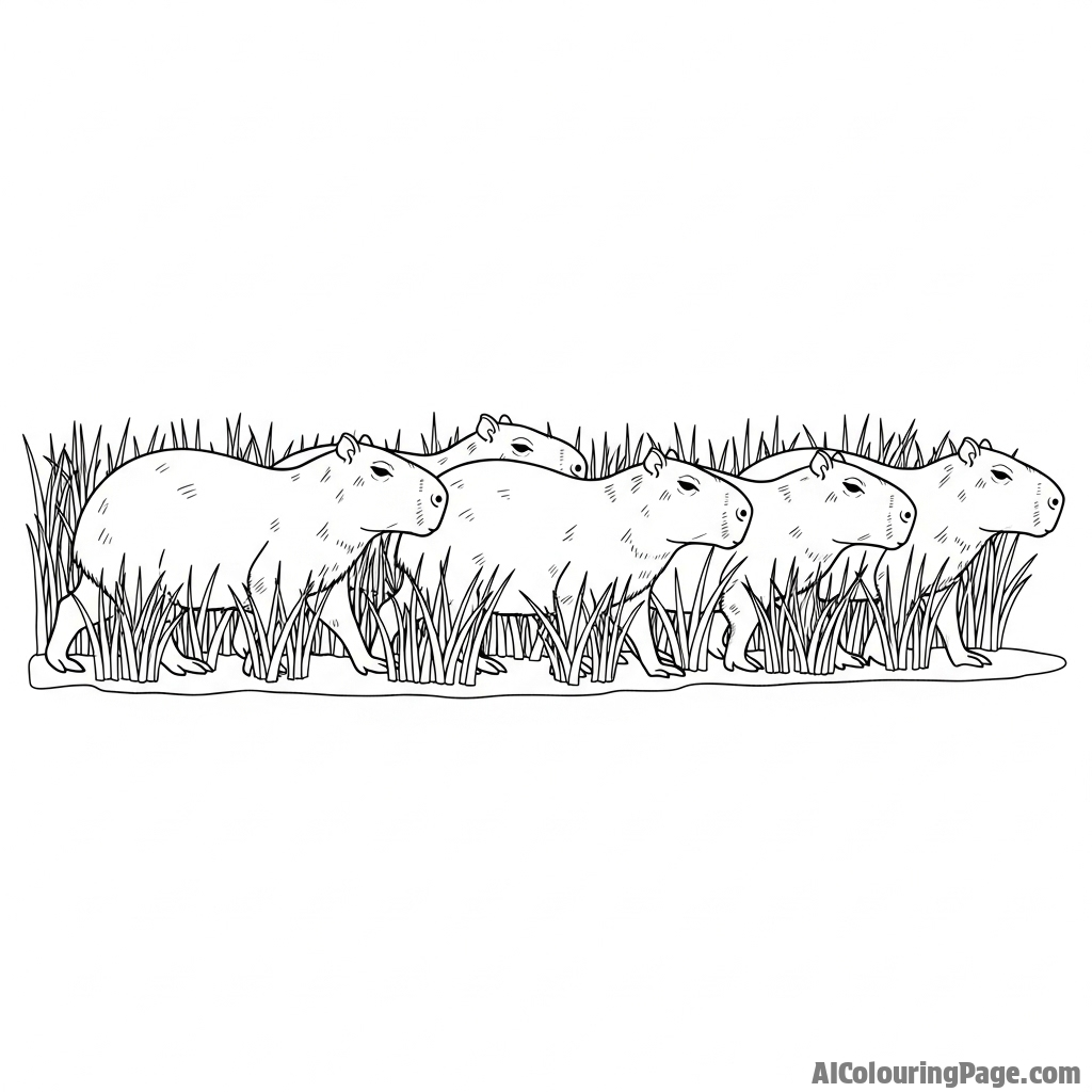 A group of capybaras following each other in a single file line through tall grass.
