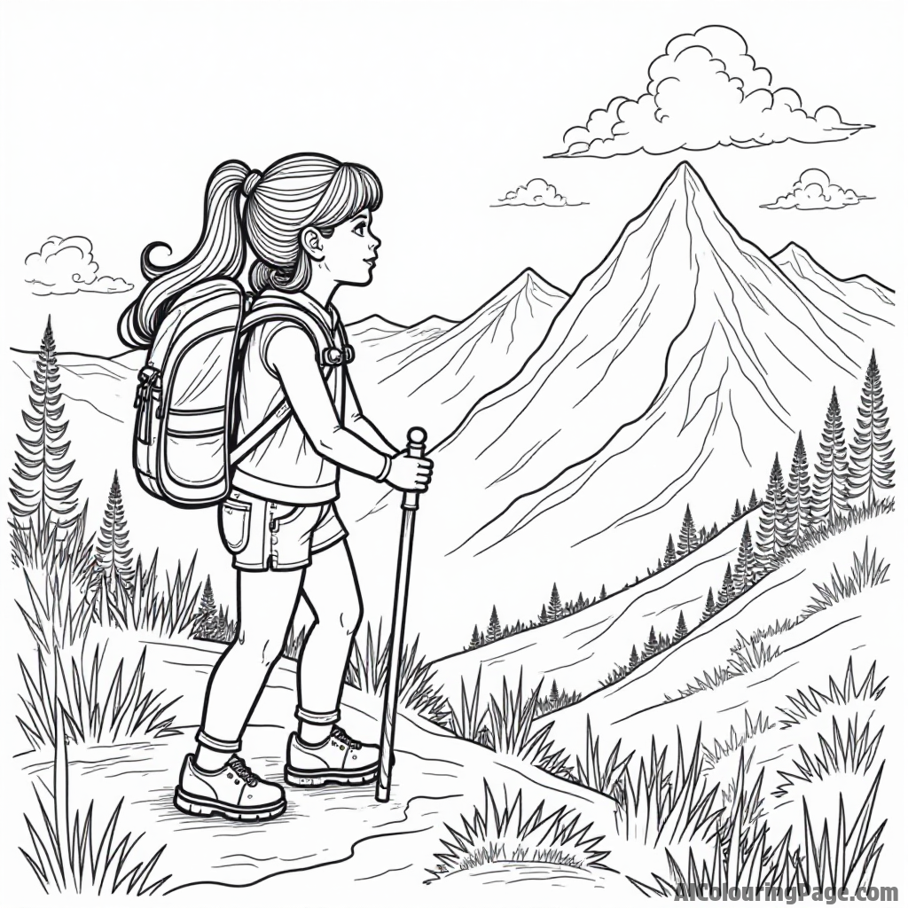 A doll hiking up a mountain, with a backpack, walking stick, and breathtaking scenery all around as she enjoys nature.