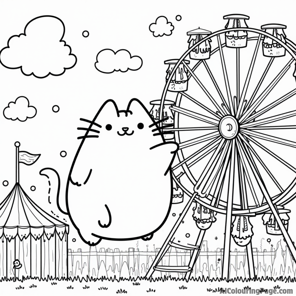 Pusheen at a carnival riding a Ferris wheel with colorful tents and balloons in the background filled with joy