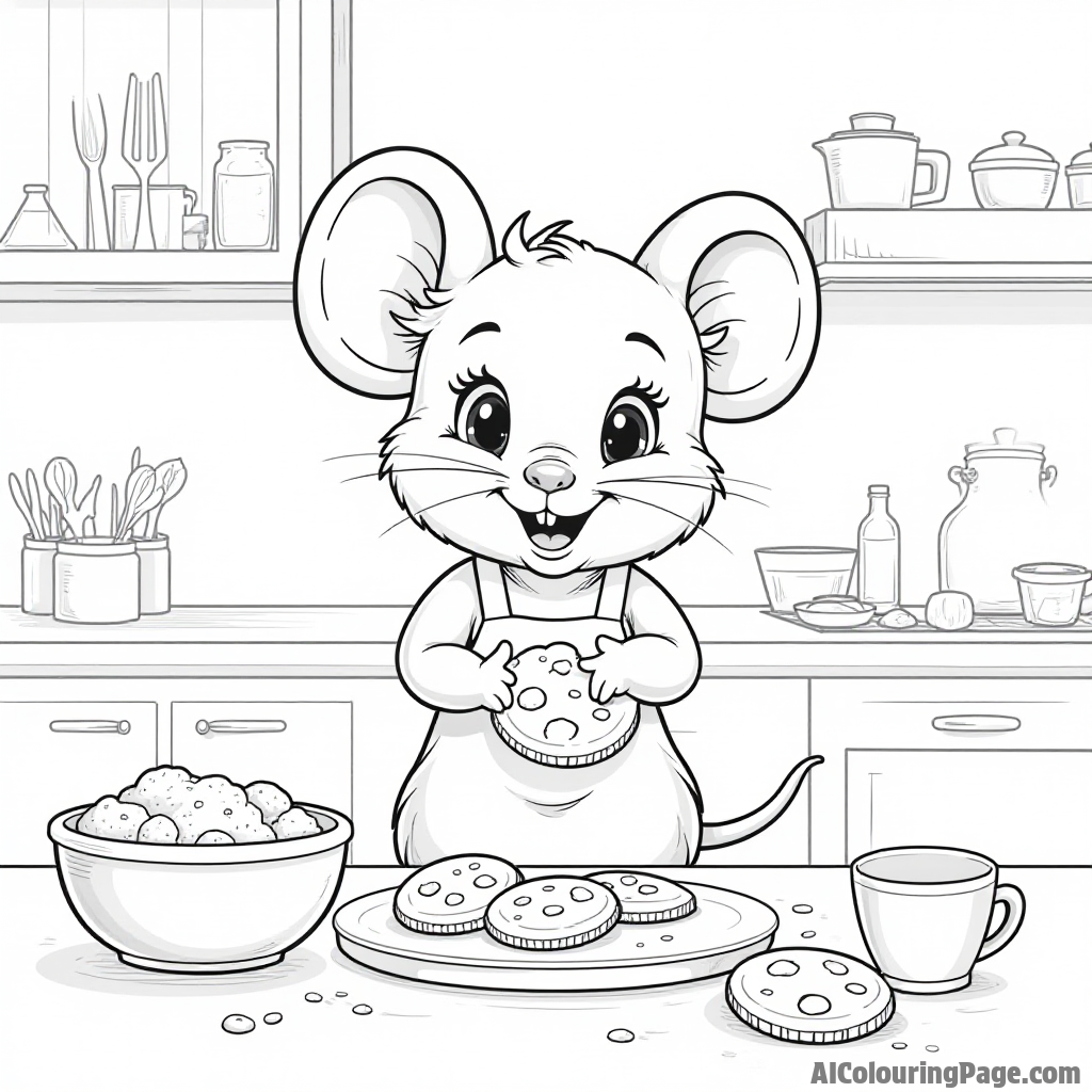 A sweet little mouse baking cookies in a cozy kitchen, with flour everywhere and a big smile on its face.