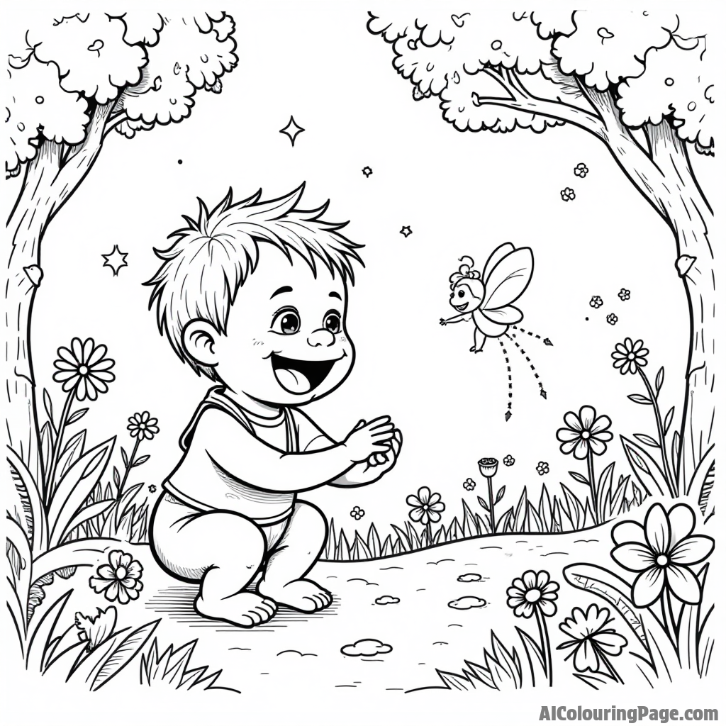 A Muppet baby discovering a magical fairy garden, with tiny fairies, flowers, and sparkling lights illuminating the scene.