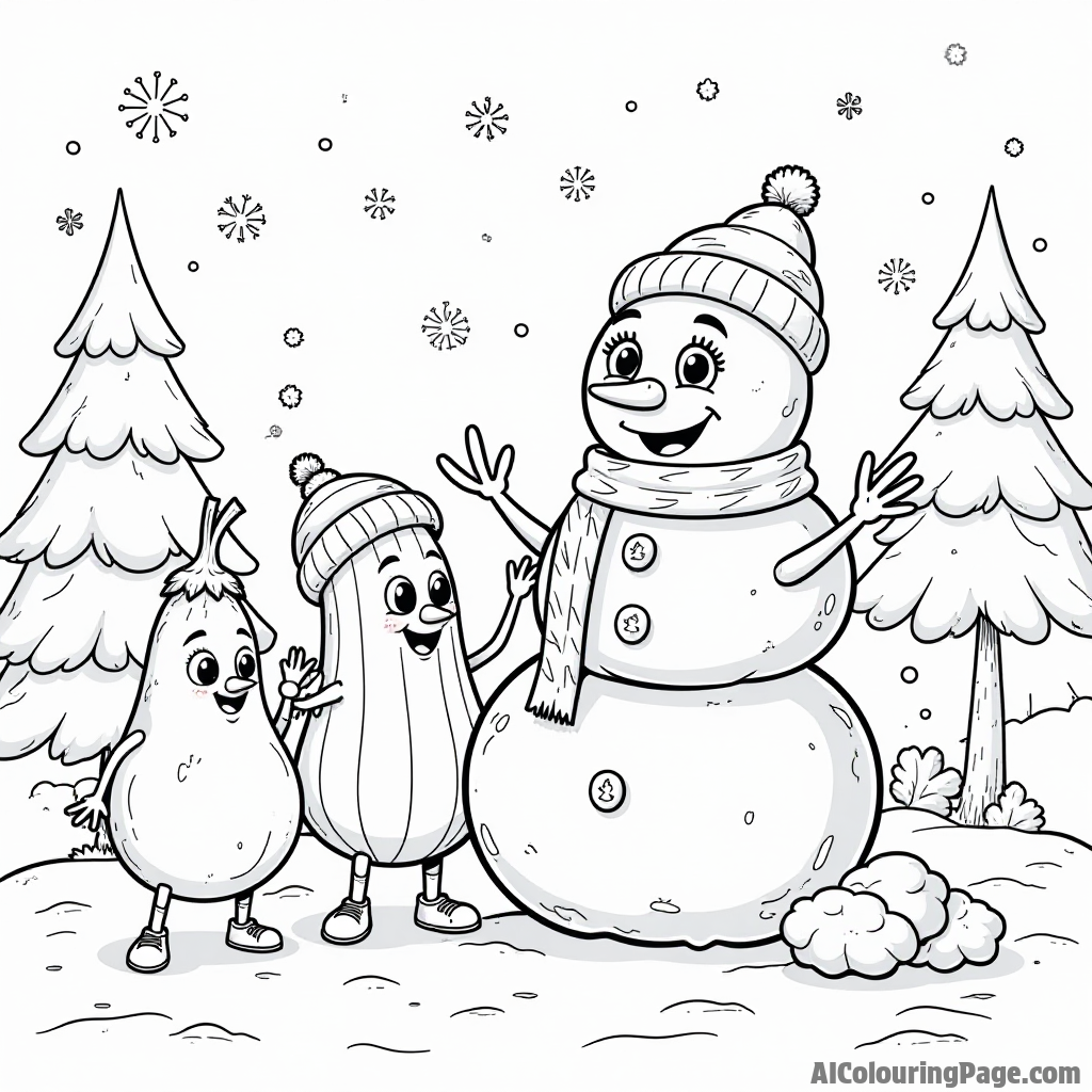 A group of vegetables building a snowman made of mashed potatoes in a winter wonderland filled with snowflakes.