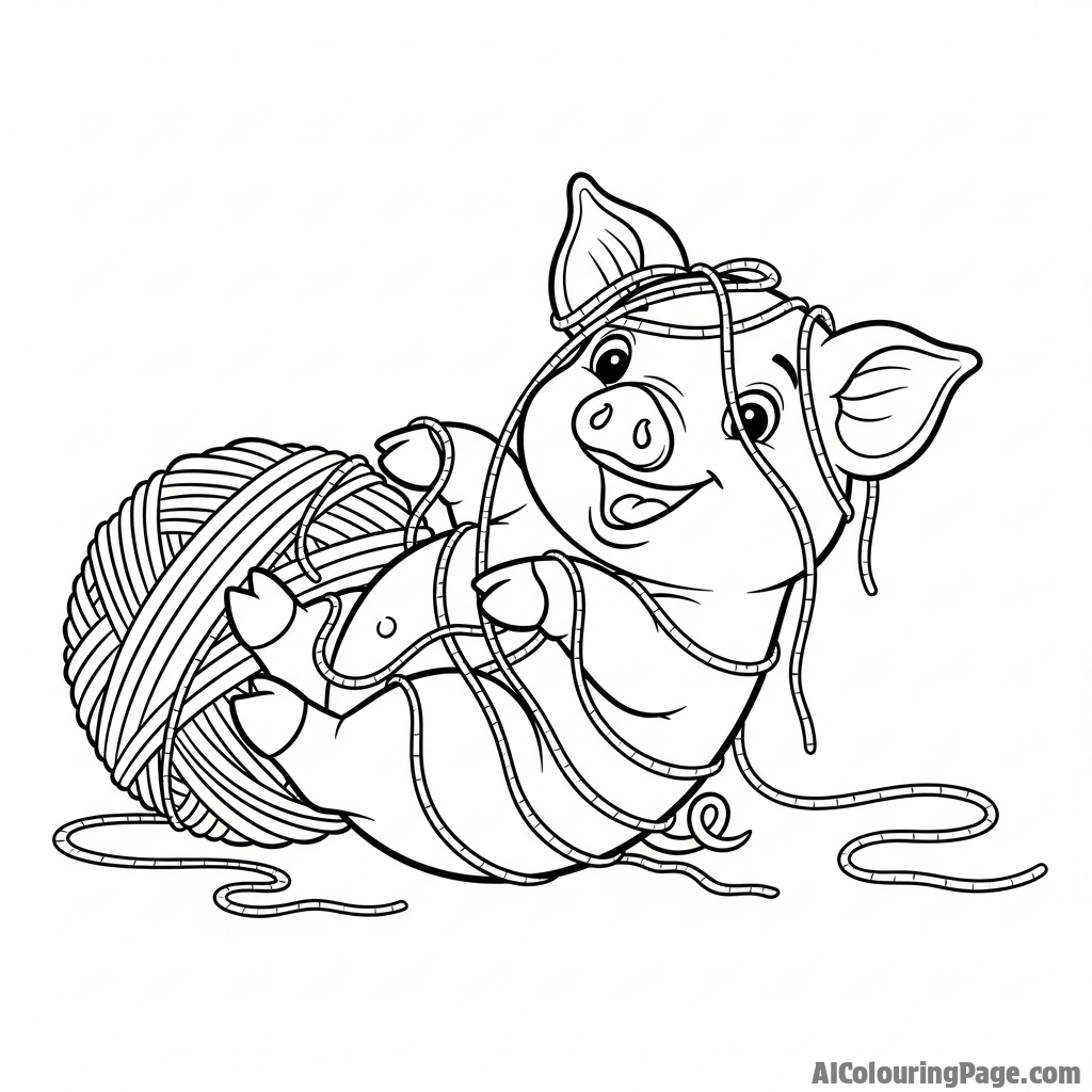 A piglet playing with a ball of yarn, tangled but happy.