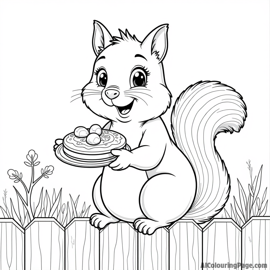 A friendly squirrel holding a pancake with nuts and berries, sitting on a wooden fence in a garden setting