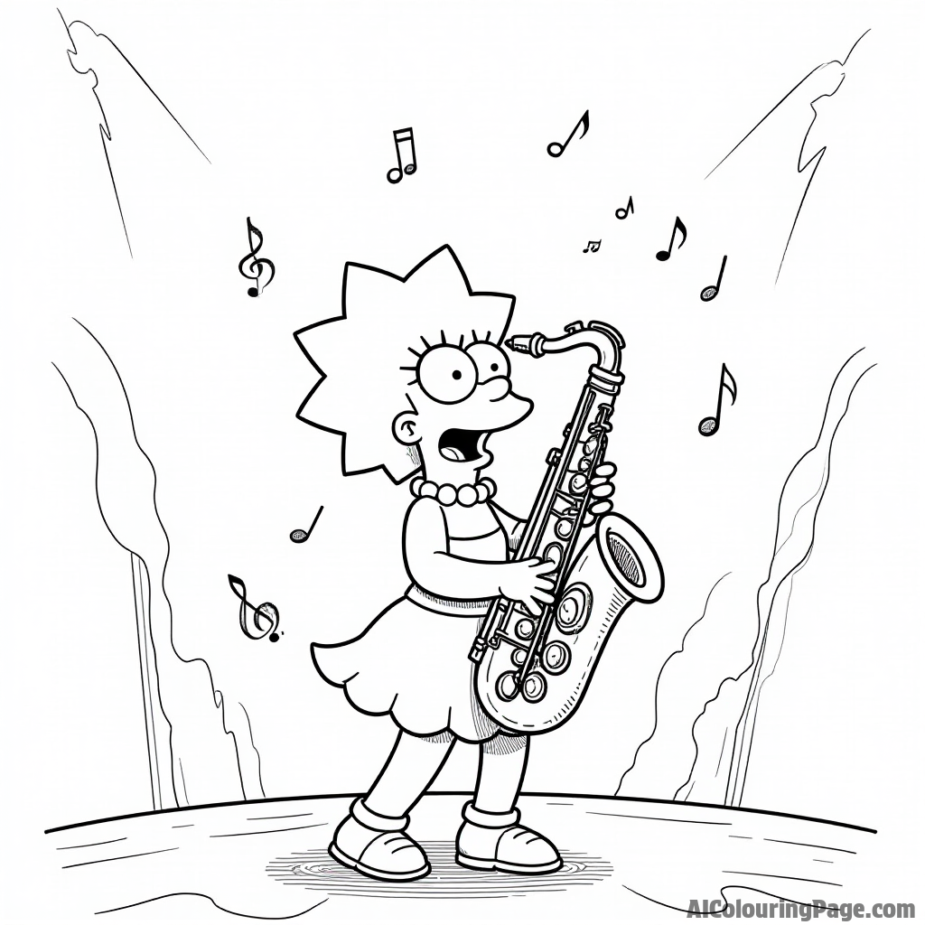 Lisa Simpson playing her saxophone passionately on stage with musical notes floating around her in a vibrant concert setting.