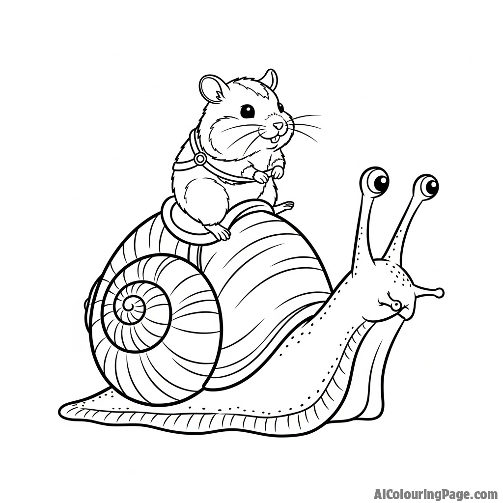 A fantasy scene of a hamster riding on the back of a large snail