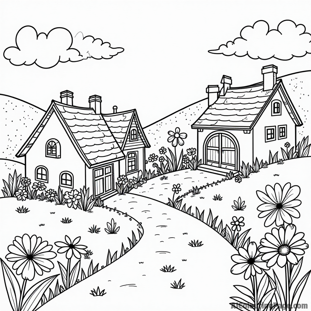 A quaint village with houses, flowers, and a winding path, inviting children to color their own magical storybook land.