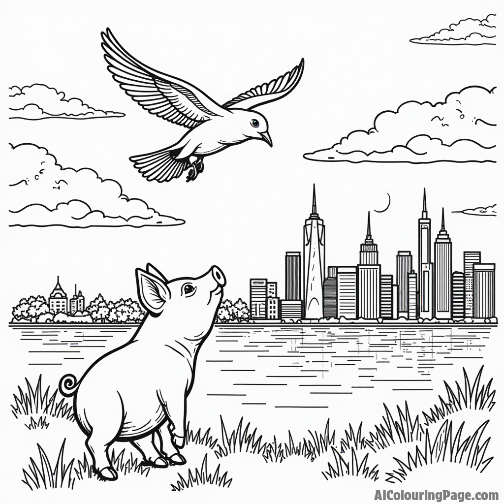 A bird flying over a city skyline at sunset with a pig looking up in amazement at the colorful sky