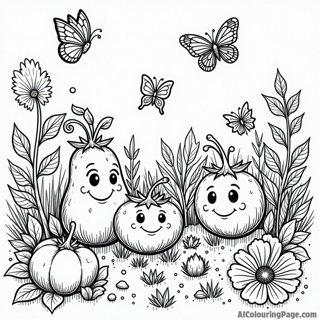 A magical vegetable garden where vegetables are growing with smiling faces and colorful butterflies flying.