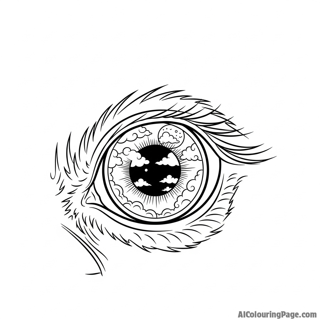 A close-up of a chicken's eye, reflecting the sky.
