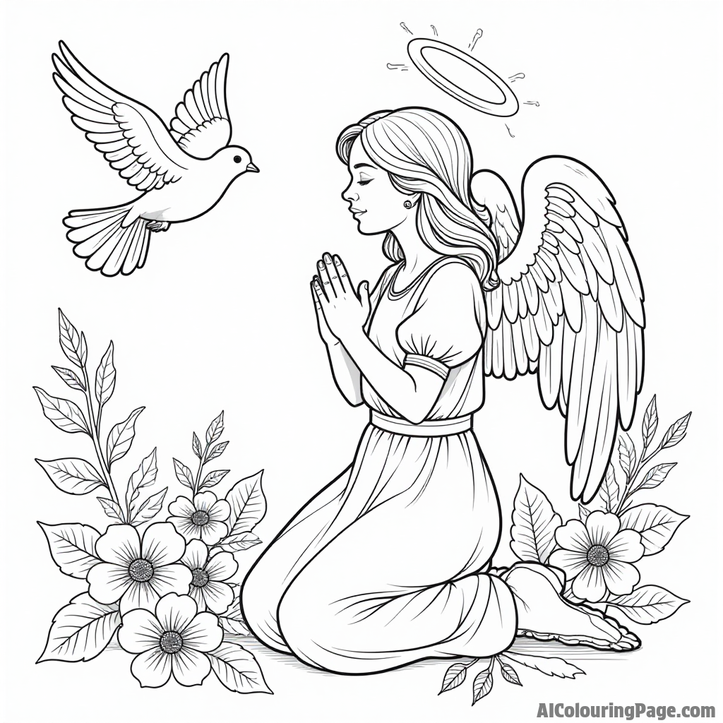 An angel kneeling in prayer with a glowing halo surrounded by beautiful doves and blooming flowers for coloring.