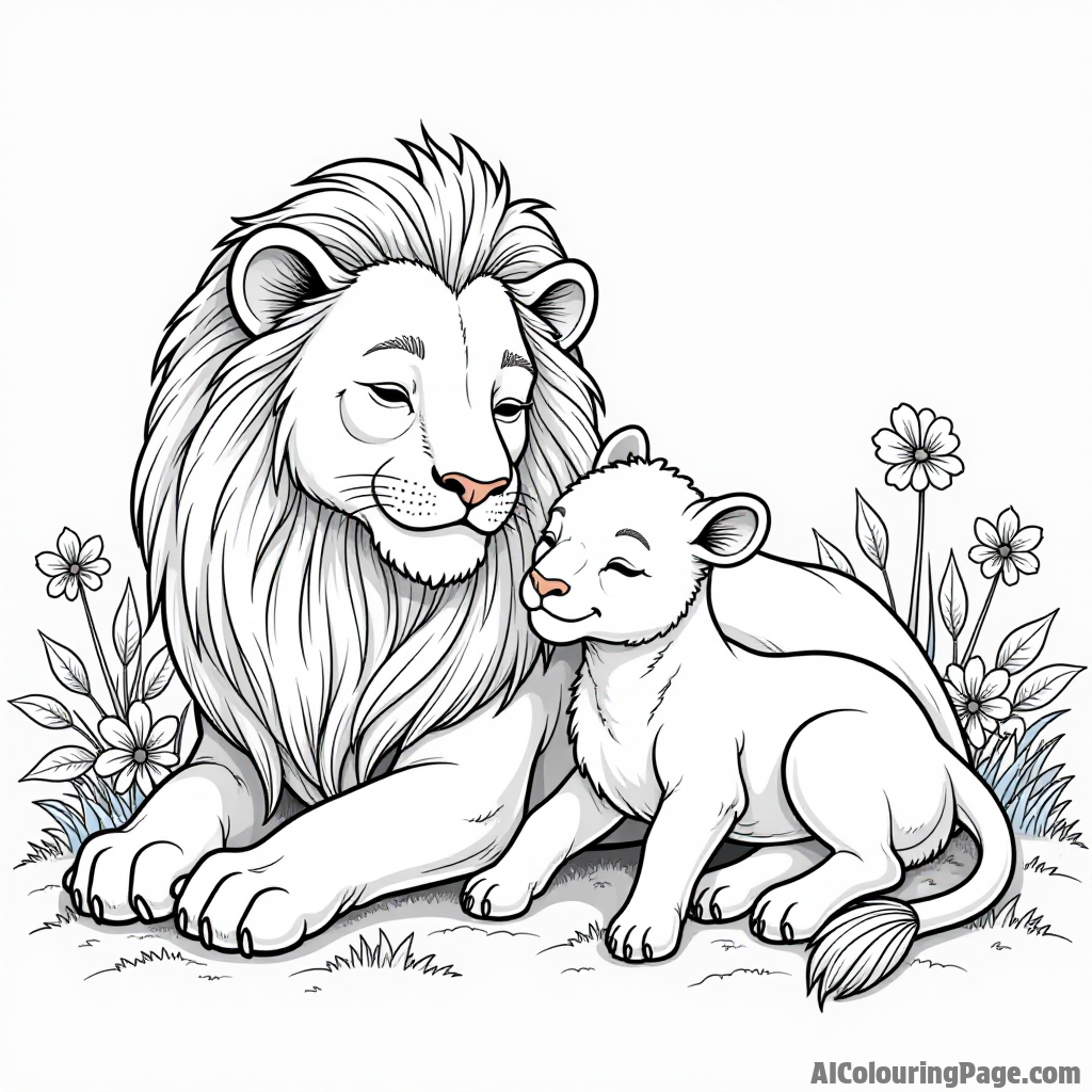 The Lion and the Lamb lying together peacefully, with a serene landscape and flowers blooming around them for a calming page.