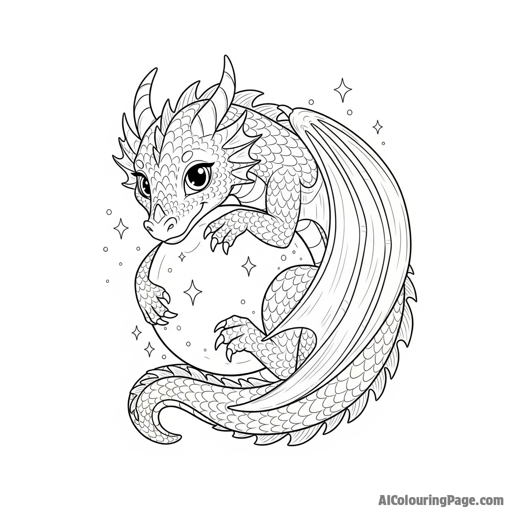 A dragon curled protectively around a glowing, magical orb.