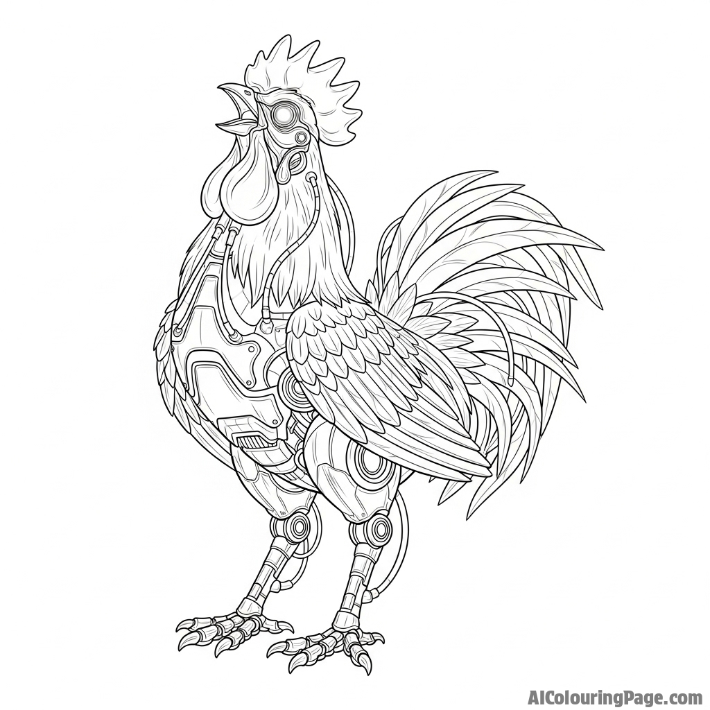 A futuristic cyborg rooster with metallic parts and glowing optics.
