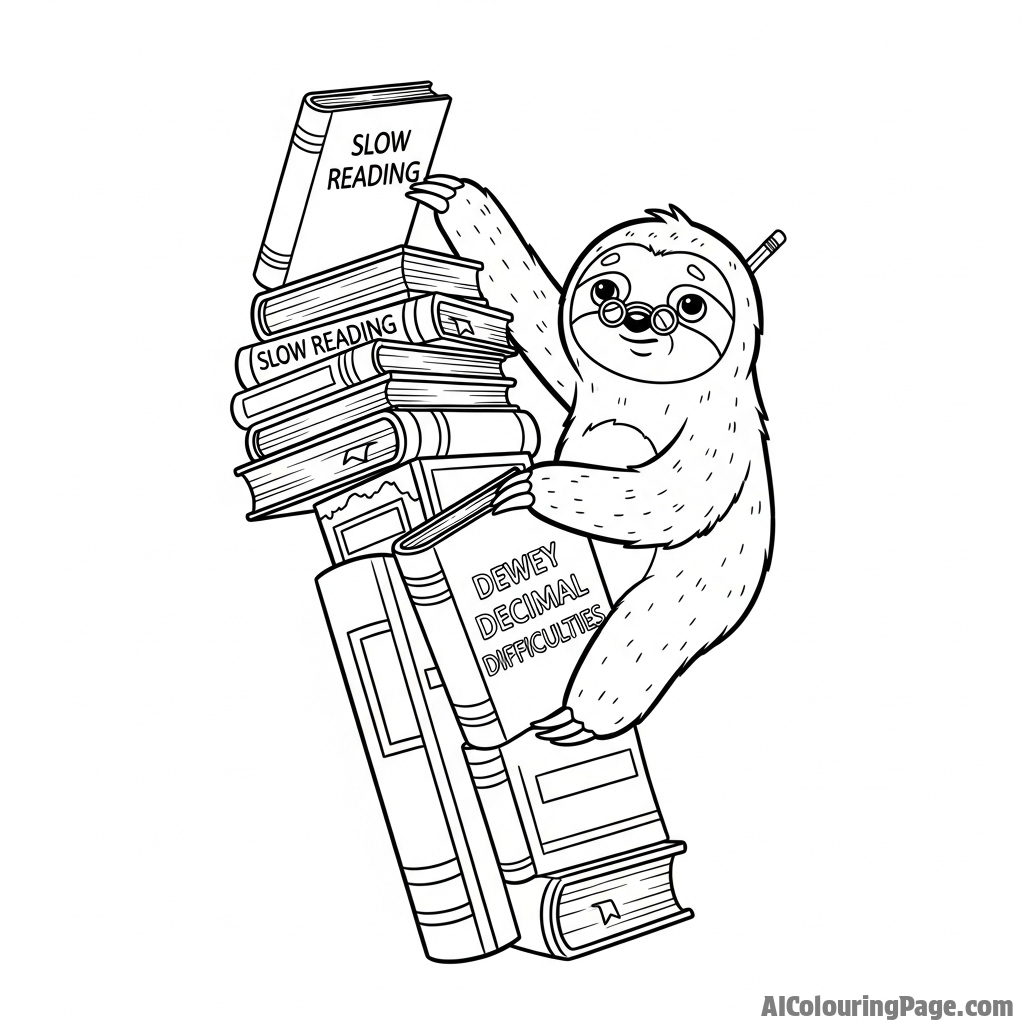 A sloth working as a librarian, perched on a tall stack of dusty tomes.