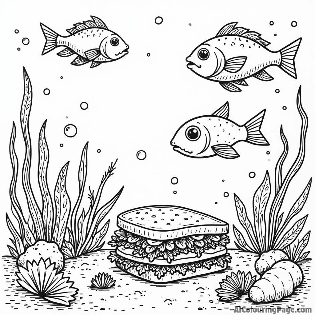 A fun underwater scene with fish creating sandwiches from seaweed, coral, and underwater vegetables in a colorful ocean.