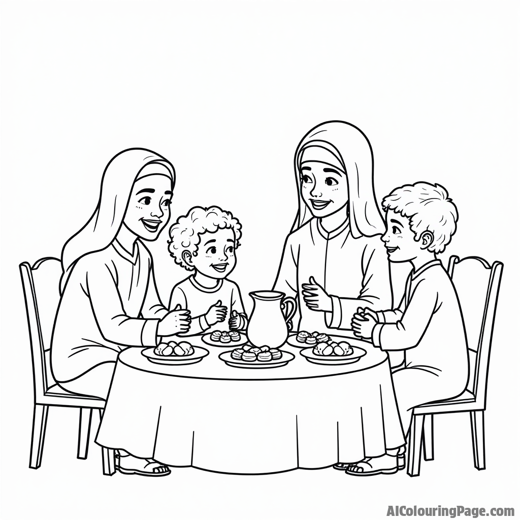 A family gathered around a table for iftar, sharing delicious dates and a pitcher of water, filled with joy and togetherness during Ramadan. Festivals and Traditions Coloring Sheets.