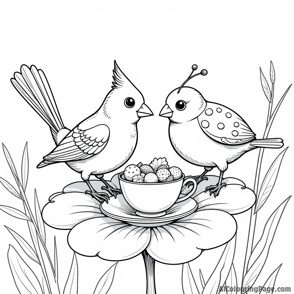 A cardinal and a ladybug having a tea party on a flower petal, with cute teacups and sweets for imaginative coloring fun.