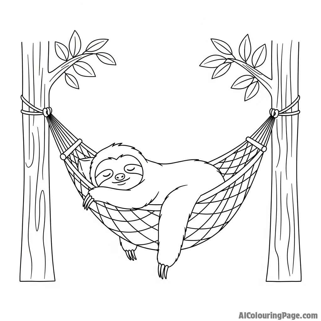 A sloth sleeping peacefully in a woven hammock strung between two trees.