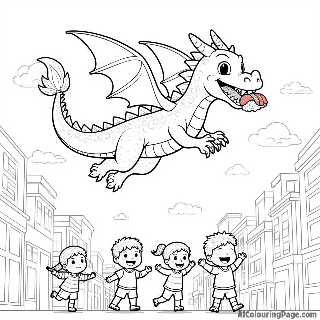 A friendly sushi dragon flying over a city, carrying sushi ingredients in its claws, with excited children below looking up.