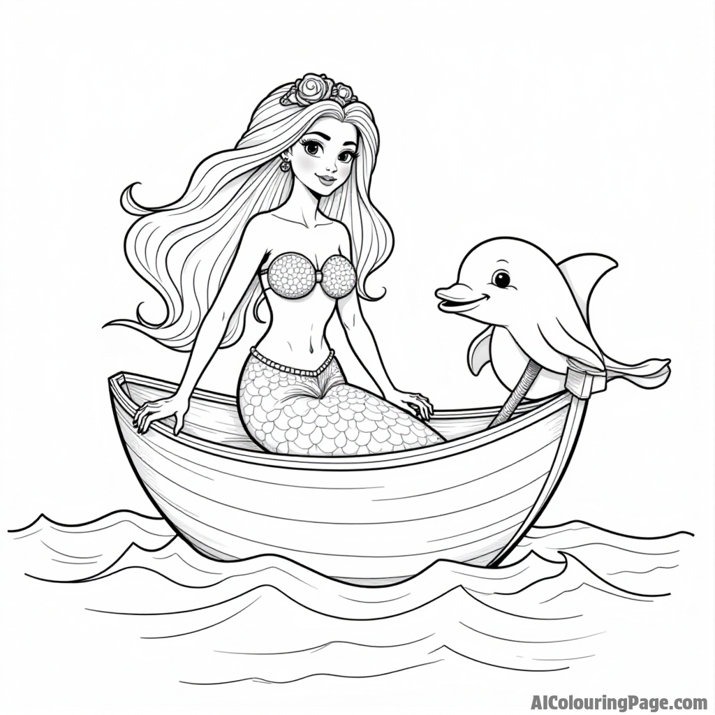 A mermaid sailing a seashell boat, navigating through gentle waves with a friendly dolphin as her guide.