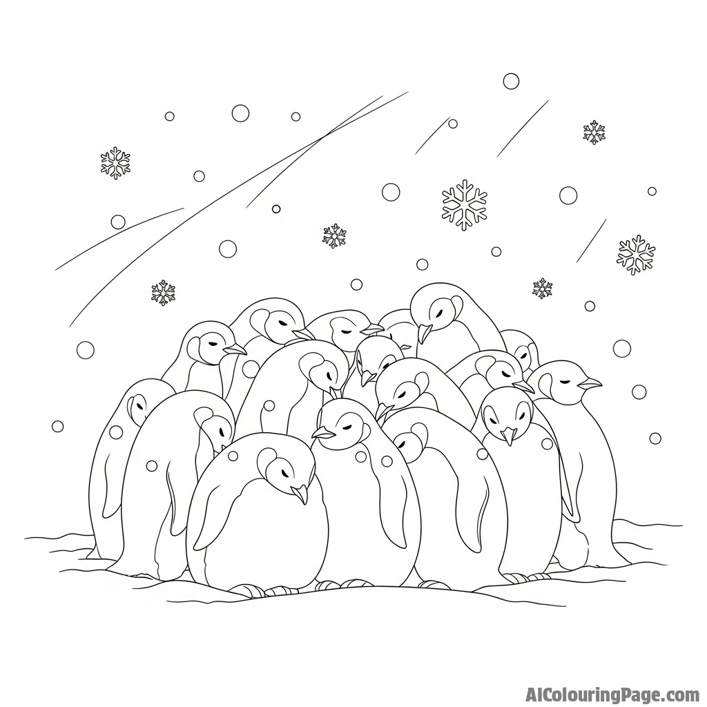 A group of penguins huddled together for warmth during a blizzard